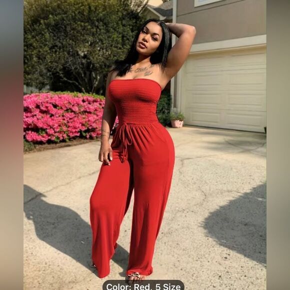 Drawstring Shirred Tube Jumpsuit, Casual Off Shoulder Wide Leg Jumpsuit, Women's - Picture 1 of 6